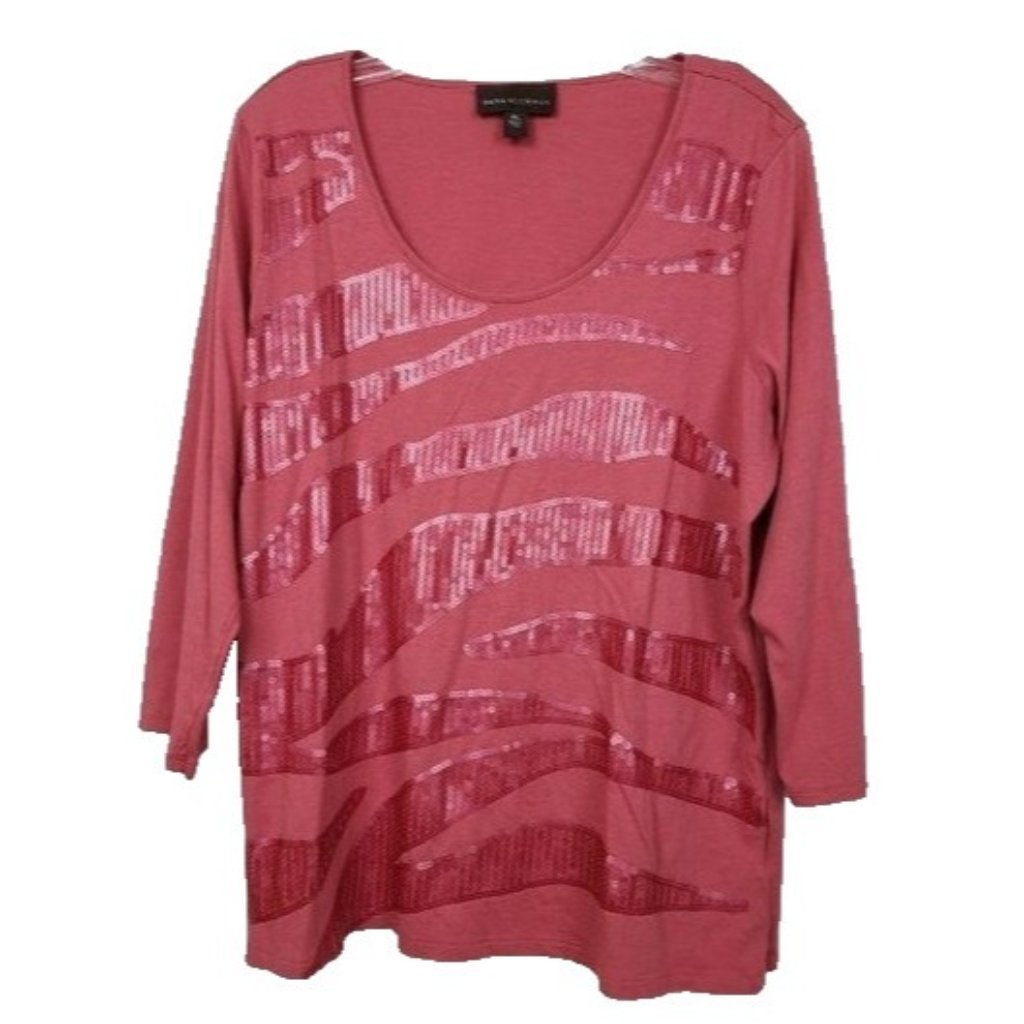 Dana Buchman Womens Top Xl Pink 3/4 Sleeve Sequined Classic Carrier Casual